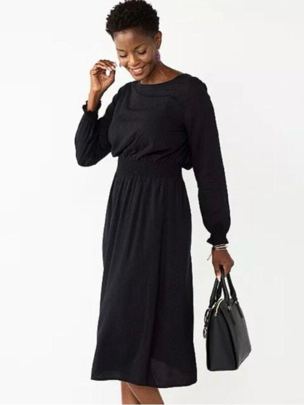 croft & barrow Black Long Sleeve Smocked-Waist Midi Dress with pockets